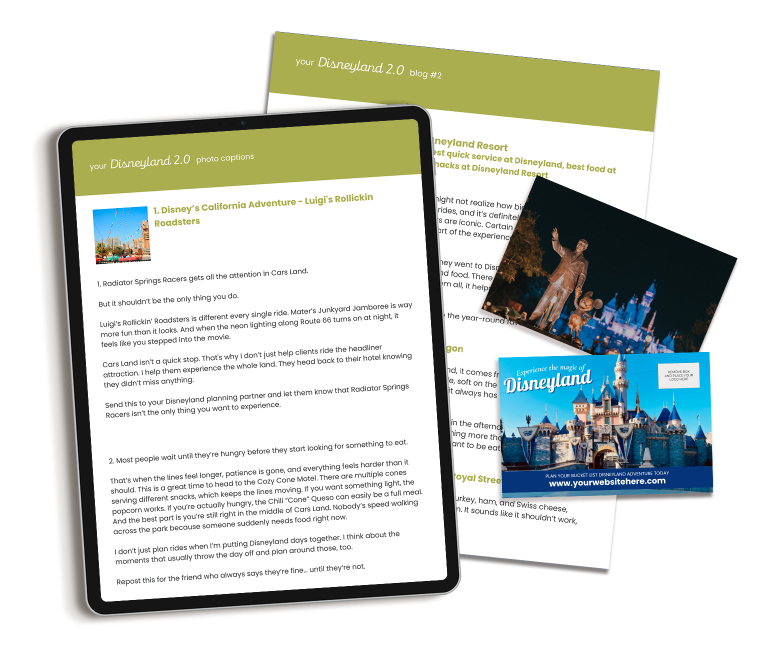 Disneyland marketing content bundle includes done-for-you content for travel professionals.