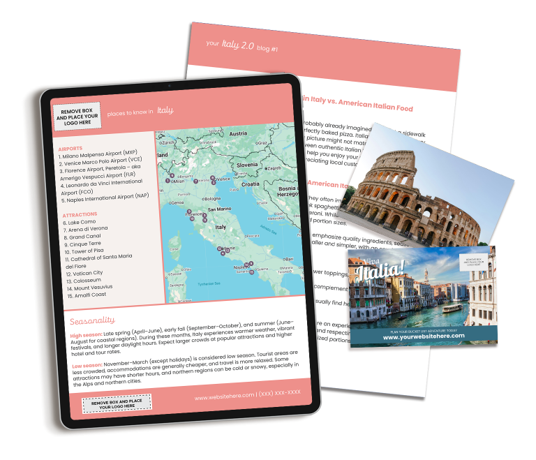 Our Italy marketing content includes done-for-you content for travel professionals.
