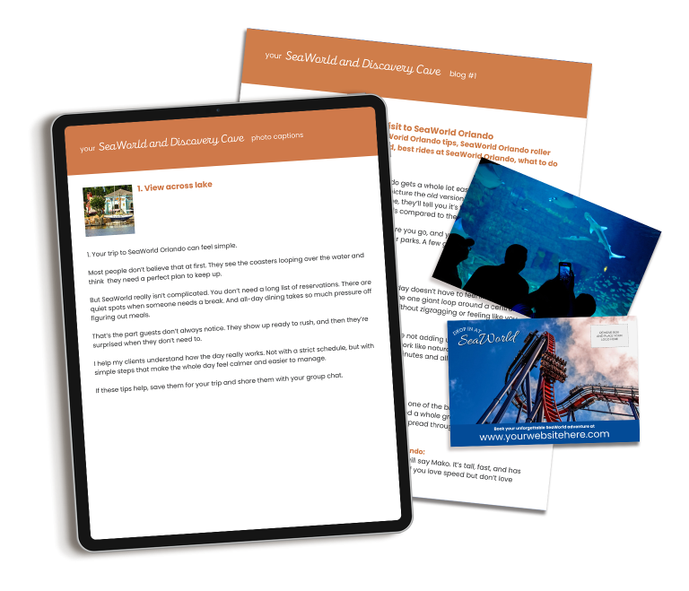 The SeaWorld and Discovery Cove marketing content bundle includes done-for-you content for travel agents.