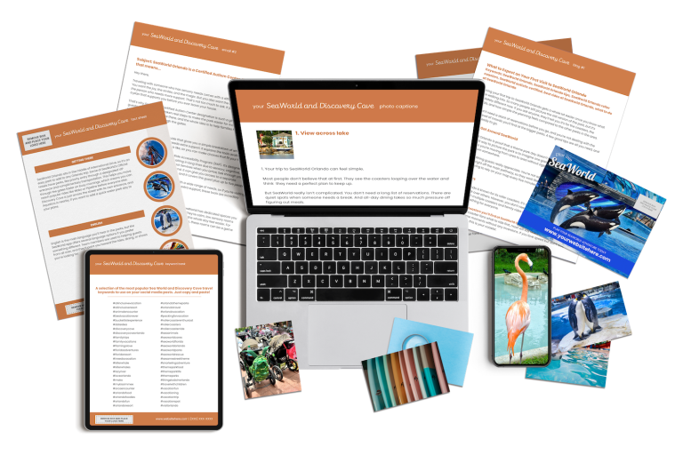 The SeaWorld and Discovery Cove marketing content bundle includes done-for-you content for travel agency owners.