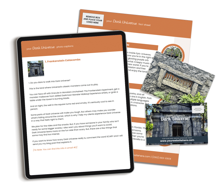 The Epic Universe, Dark Universe marketing content bundle includes done-for-you content for travel agency owners.