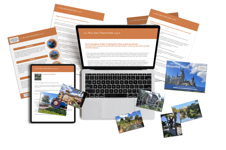Plus size theme park marketing content bundle includes done-for-you content for travel agents.