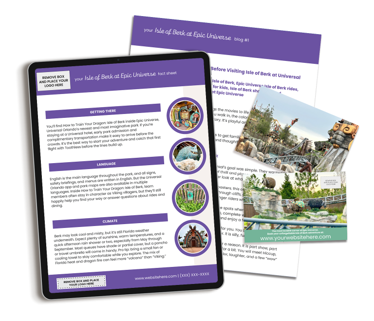 Our Isle of Berk at Epic Universe marketing content includes done-for-you content for travel professionals.