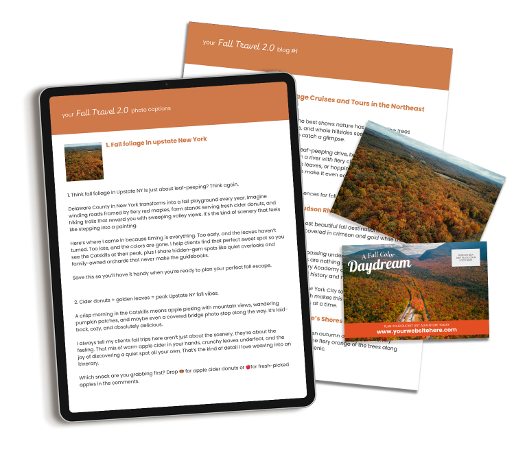Our Fall Travel marketing content includes done-for-you content for travel agency owners.