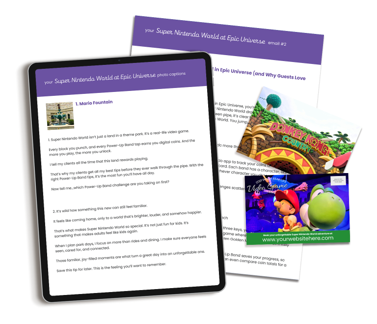 Super Nintendo World at Epic Universe marketing content bundle includes done-for-you content for travel professionals.